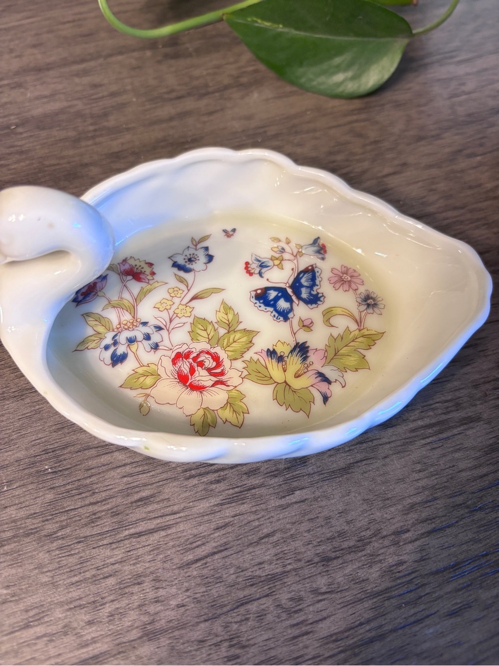 Vintage Porcelain Swan Trinket Dish with Floral Interior - Picture 2 of 6